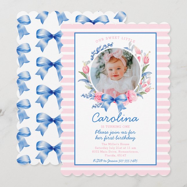 Preppy Grandmillennial Preppy Floral Blue Bows Invitation (Front/Back)