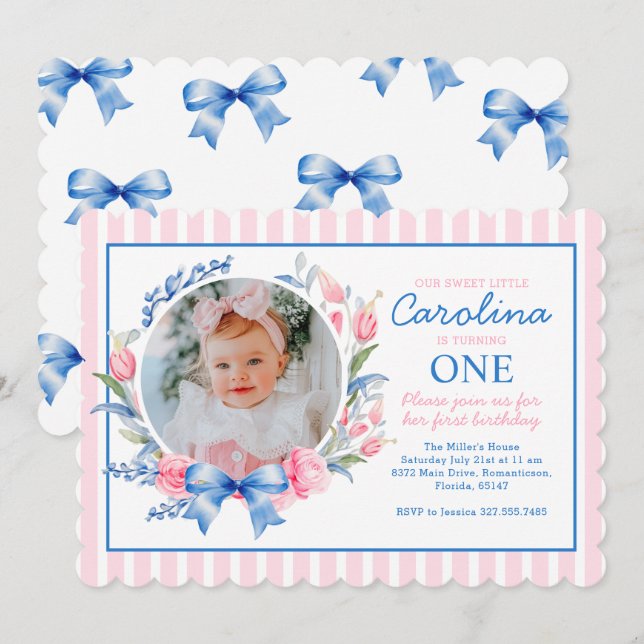 Preppy Grandmillennial Preppy Floral Blue Bows Invitation (Front/Back)