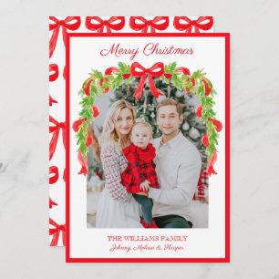 Preppy Grandmillennial Red Bows Ribbon Garland  Holiday Card