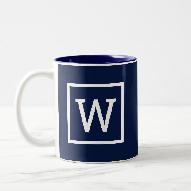 Preppy Graphic Border Monogram Navy Blue Two-Tone Coffee Mug (Left)