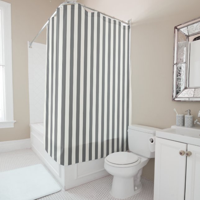  Preppy Gray and White Striped Geometric Pattern  Shower Curtain (In Situ)