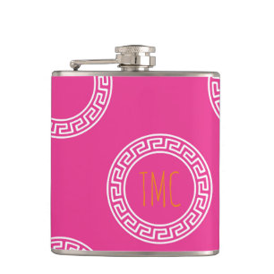 Preppy Greek Key Circles Sorority Initials Pink Hip Flask