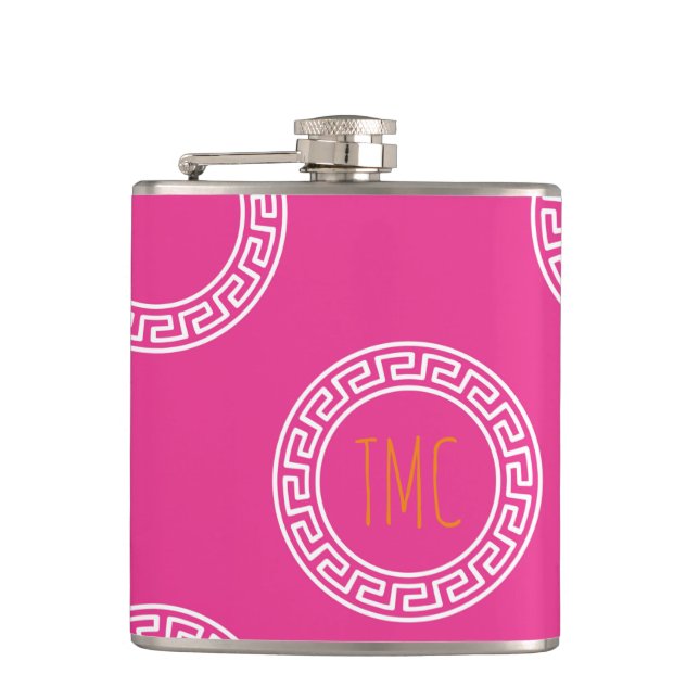 Preppy Greek Key Circles Sorority Initials Pink Hip Flask (Front)