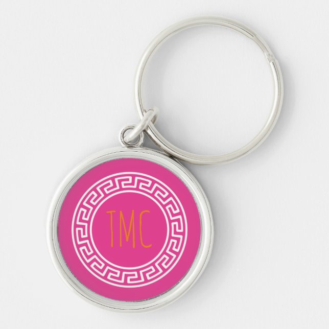 Preppy Greek Key Circles Sorority INITIALS Pink Key Ring (Front)