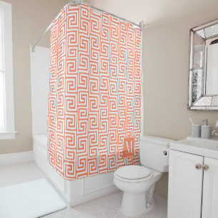 Preppy Greek Key Monogram – Coral & White Shower Curtain