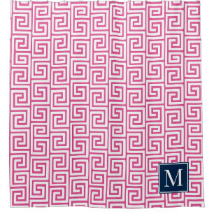 Preppy Greek Key Monogram – Hot Pink & Navy Shower Curtain