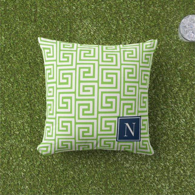 Preppy Greek Key Monogram – Lime Green & Navy Cushion (Grass)