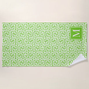 Preppy Greek Key Monogram – Lime Green & White Beach Towel