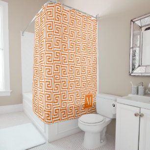 Preppy Greek Key Monogram – Orange & White Shower Curtain