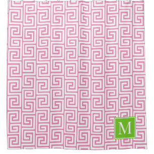 Preppy Greek Key Monogram – Pink & Lime Green Shower Curtain
