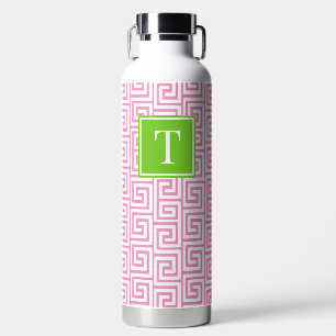Preppy Greek Key Monogram - Pink & Lime Green Water Bottle