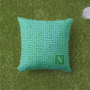 Preppy Greek Key Monogram – Turquoise & Green Cushion