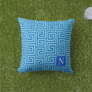 Preppy Greek Key Monogram – Turquoise & Royal Cushion