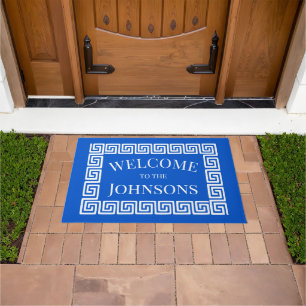 Preppy Greek Key – Personalized Royal Blue & White Doormat