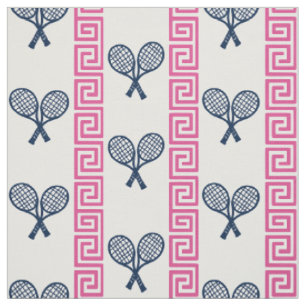 Preppy Greek Key Tennis Stripe - Hot PInk & Navy Fabric