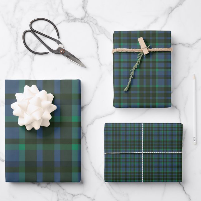 Preppy Green and Blue Plaid Wrapping Paper Sheet (Front)