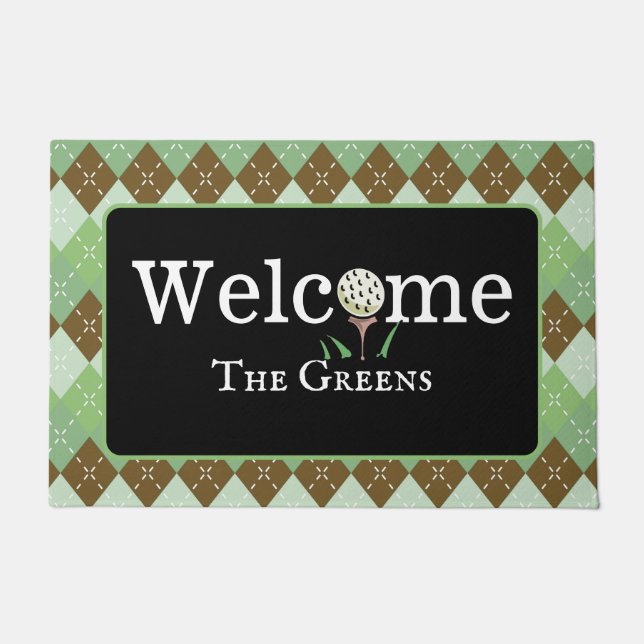Preppy Green and Brown Argyle Golf Welcome Entry Doormat (Front)