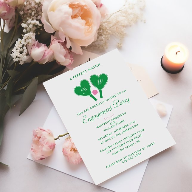 Preppy Green and Pink Pickleball Engagement Party Invitation (Creator Uploaded)