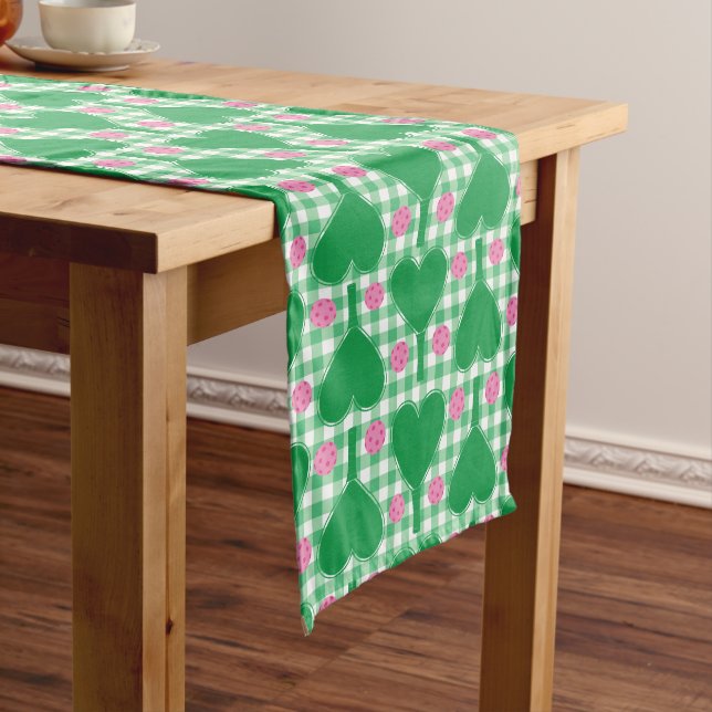 Preppy Green and Pink Wedding Gingham Pickleball Medium Table Runner (In Situ)