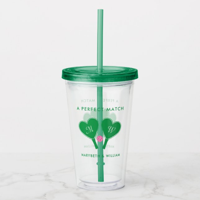 Preppy Green and Pink Wedding Pickleball Acrylic Tumbler (Front)
