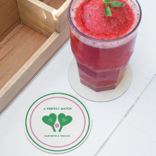 Preppy Green and Pink Wedding Pickleball Round Paper Coaster