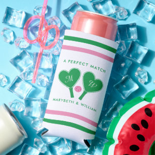 Preppy Green and Pink Wedding Pickleball Seltzer Can Cooler