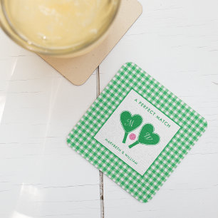 Preppy Green and Pink Wedding Pickleball Square Paper Coaster