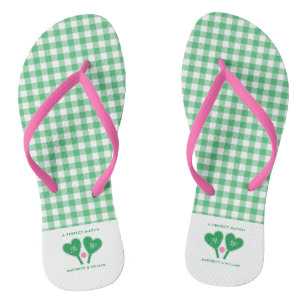 Preppy Green and Pink Wedding Pickleball Thongs