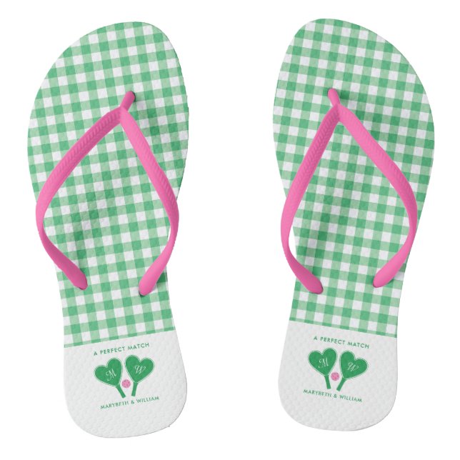Preppy Green and Pink Wedding Pickleball Thongs (Footbed)