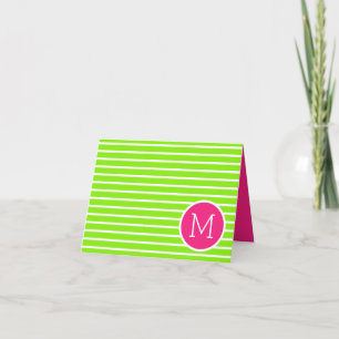 Preppy Green and White Stripes With Pink Monogram Note Card