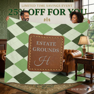 Preppy Green Argyle Faux Leather Monogram Fleece Blanket