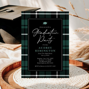 Preppy Green Black Tartan Graduation Invitation