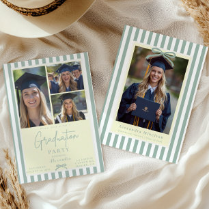 Preppy Green Bow 5 Photo Graduation Invitation