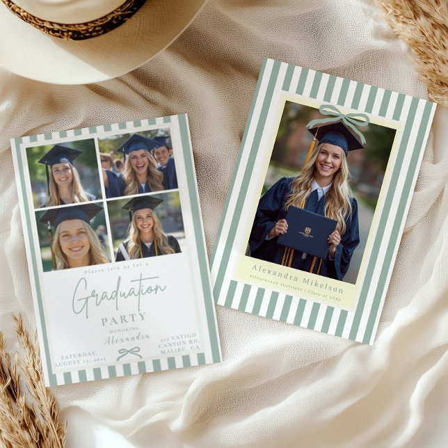 Preppy Green Bow 5 Photo Graduation Party Invitation (Creator Uploaded)