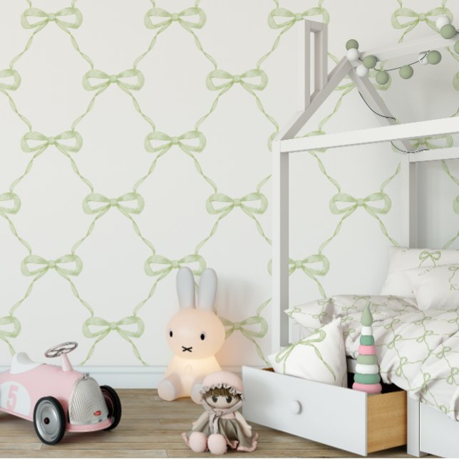 Preppy Green Bow Grandmillennial Style Wallpaper (Matching wallpaper, duvet cover and pillow)