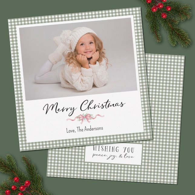 Preppy Green Gingham Christmas Photo Card (A cute and festive green gingham plaid photo Christmas Card. Personalize with your photo and info.)