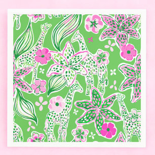 Preppy Green Giraffe Lily Floral Party Napkin
