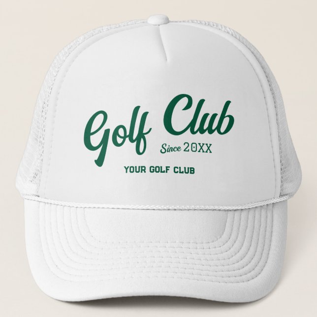 Preppy Green Golf Club Custom Crest White Trucker Hat (Front)