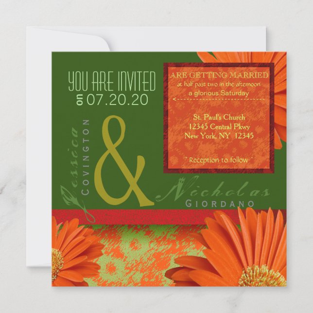 Preppy Green Orange Gerbera Floral Wedding Invites (Front)