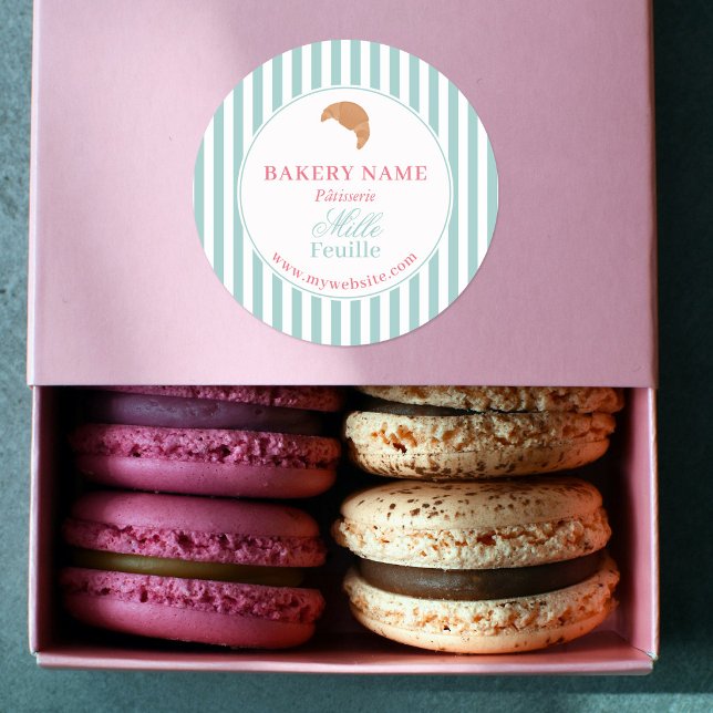Preppy Green & Pink Stripes Bakery Logo Product Classic Round Sticker (Preppy Green & Pink Stripes Bakery Logo Product Classic Round Sticker)