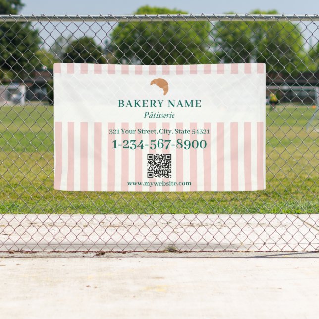 Preppy Green & Pink Stripes Bakery Logo QR Code Banner (Insitu)