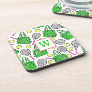 Preppy Green Pink Tennis Racquet Bag Balls Initial Coaster