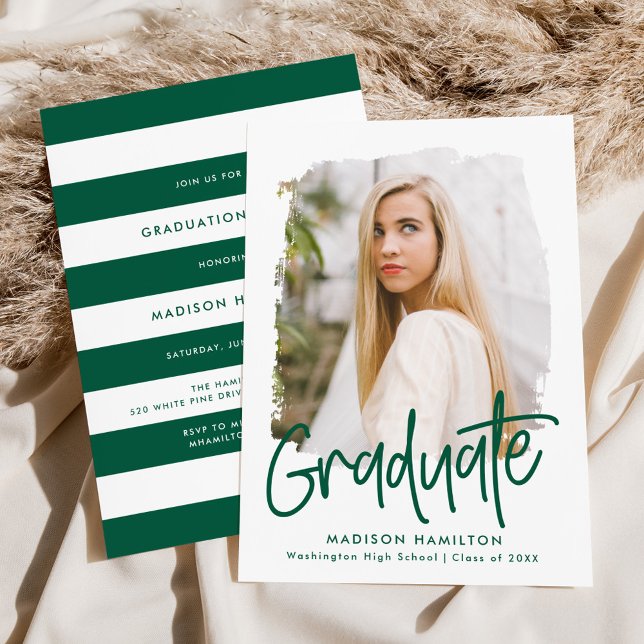 Preppy Green Script Photo Graduation Party Invitation (Creator Uploaded)