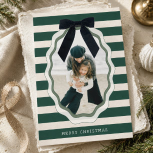Preppy Green Stripe Bow Photo Christmas Holiday Card