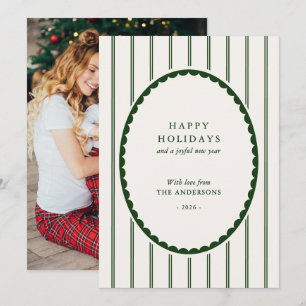 Preppy Green Stripes Family Photo Happy Holidays Holiday Card