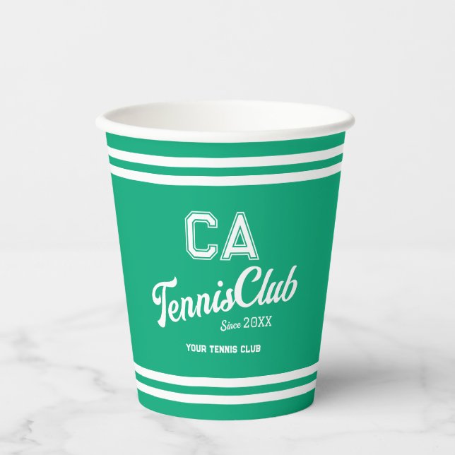 Preppy Green Tennis Club Custom Crest Party Paper Cups (Front)