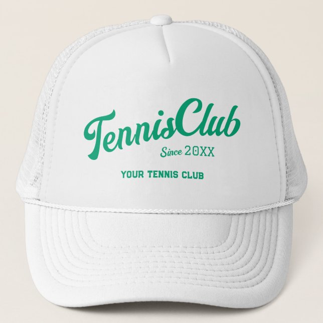 Preppy Green Tennis Club Custom Crest Party Trucker Hat (Front)