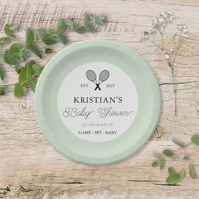 Preppy Green Tennis Theme Chic Baby Shower Paper Plate (green tennis theme baby shower paper plates for upscale preppy chic country club events with names)