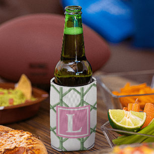 Preppy Green Trellis Bamboo Pattern Monogram Can Cooler