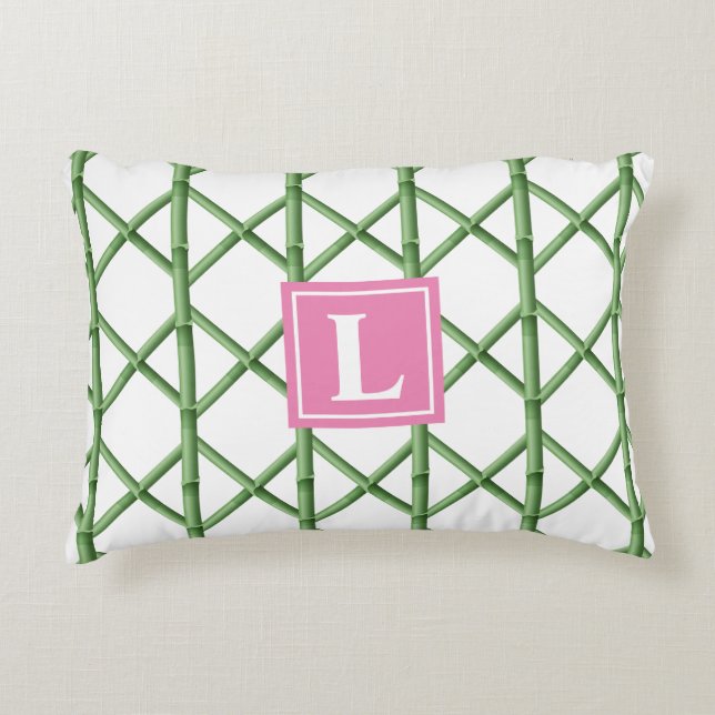Preppy Green Trellis Bamboo Pattern Monogram Decorative Cushion (Front)